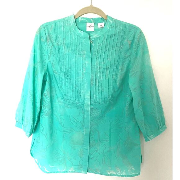 Emma James Beaded Green Blouse 3/4 Sleeve Lightweight Cotton Hawaiian Floral M - Picture 1 of 10